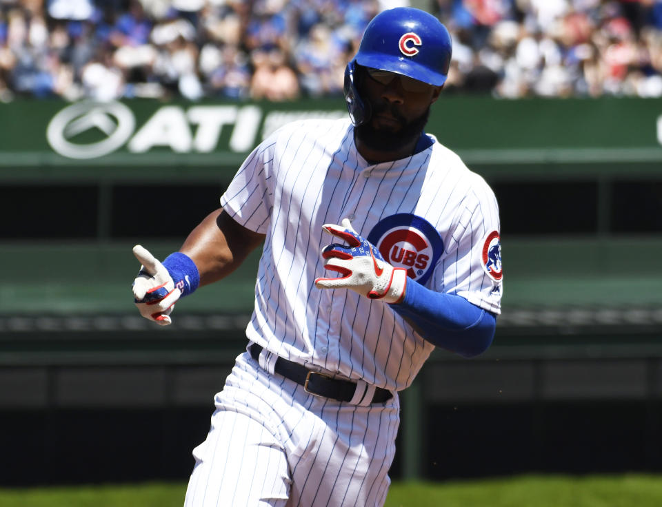 Chicago Cubs' Jason Heyward (22) runs the bases after hitting a home run against the Milwaukee Brewers during the first inning of a baseball game, Friday, Aug. 2, 2019, in Chicago. (AP Photo/David Banks)