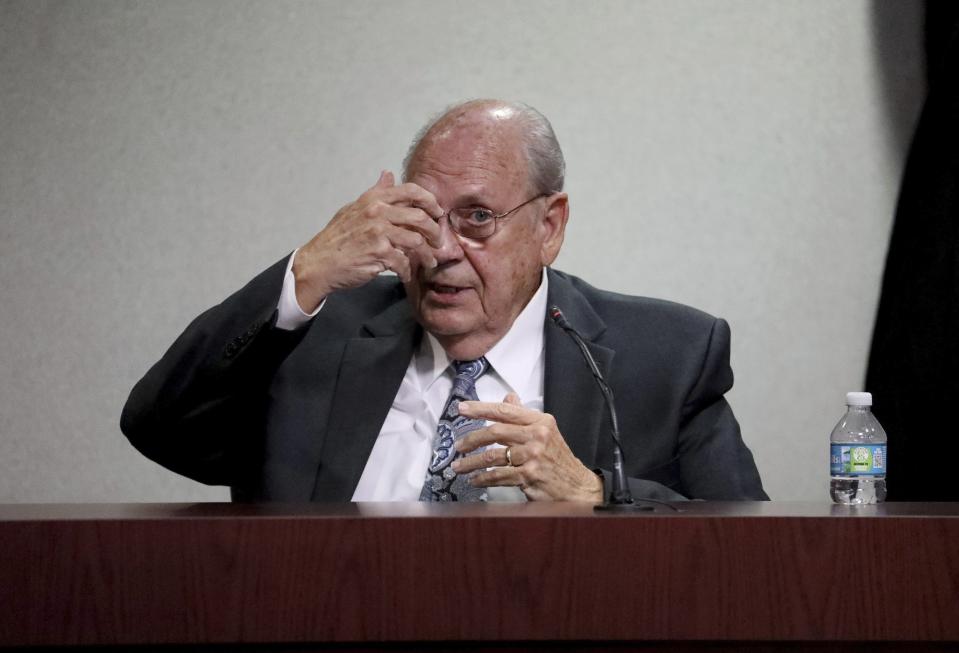 Former Tampa police captain Curtis Reeves provides details to the jury about the moments surrounding the shooting of Chad Oulson during his second-degree murder trial on Thursday, Feb 24, 2022, at the Robert D. Sumner Judicial Center in Dade City, Fla. Reeves is accused of shooting and killing Chad Oulson at a Wesley Chapel movie theater in January 2014. (Douglas R. Clifford/Tampa Bay Times via AP, Pool)