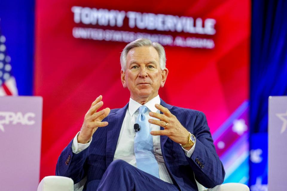 PHOTO: Senator Tommy Tuberville, R-Ala., speaks at the Conservative Political Action Conference (CPAC) annual meeting, Feb. 22, 2024, in National Harbor, Md.  (Amanda Andrade-Rhoades/Reuters)