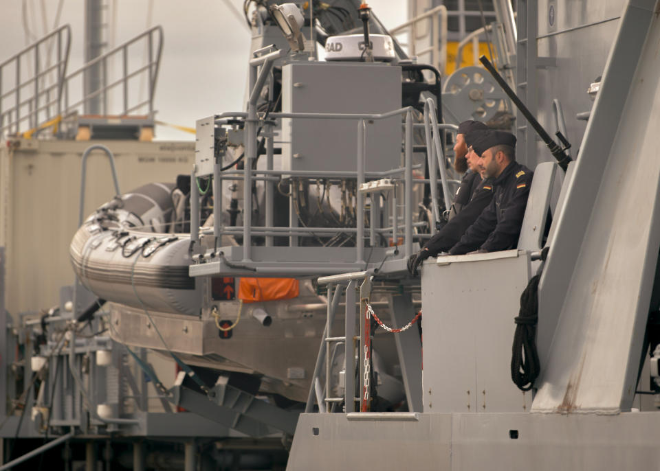 Crews aboard a vessel that will aid the Ukrainian Navy in tackling mines in the Black Sea (Jan K Valle/PA)