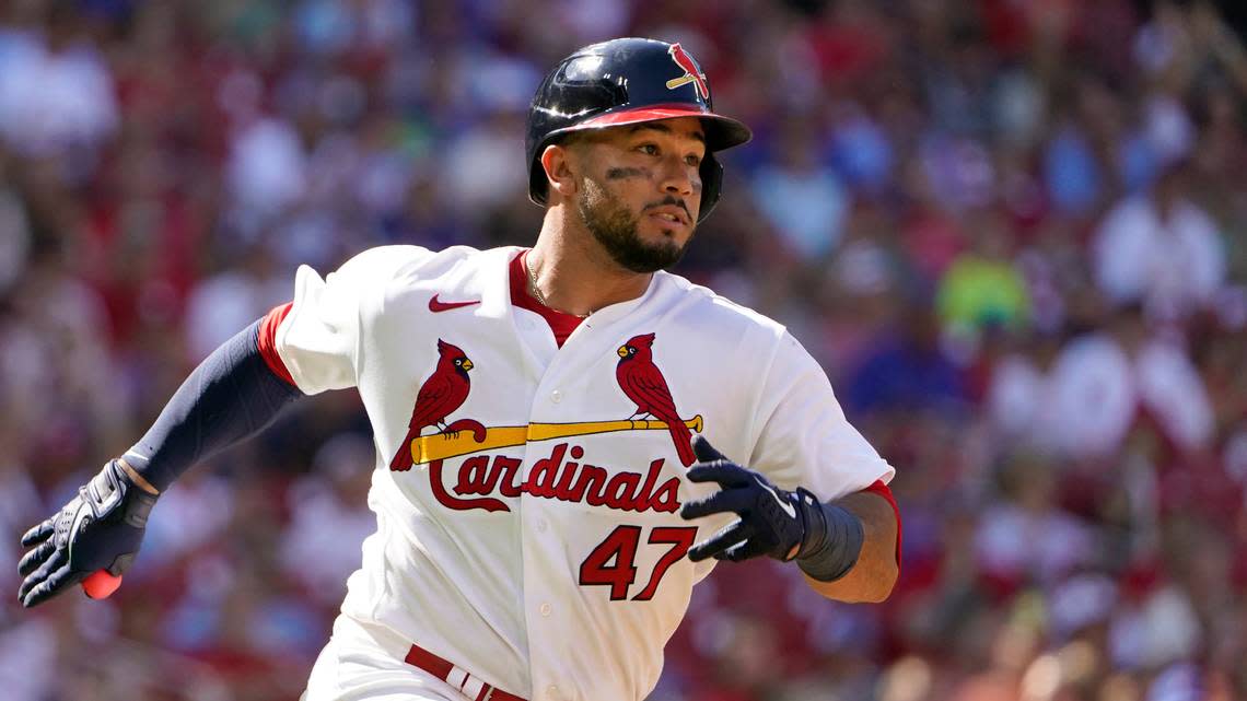 St. Louis Cardinals back-up catcher Ivan Herrera singles during the ninth inning of a game against the Chicago Cubs on Sunday, June 26, in St. Louis. As Hall of Fame catcher Yadier Molina recuperates, Herrera could see an increased share of playing time with more consistent results.