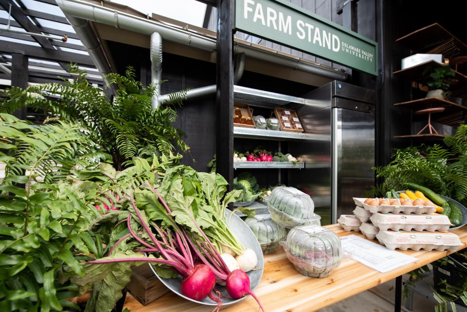 A farm stand features produce and products from Delaware Valley University's own farms, an integration which will also be weaved into Terrain Cafe's menu.
