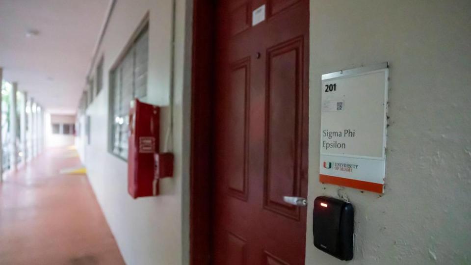 The red door of the Sigma Phi Epsilon campus headquarters inside the Panhellenic Building at the University of Miami on Monday, Oct. 10, 2022, in Coral Gables, Fla.