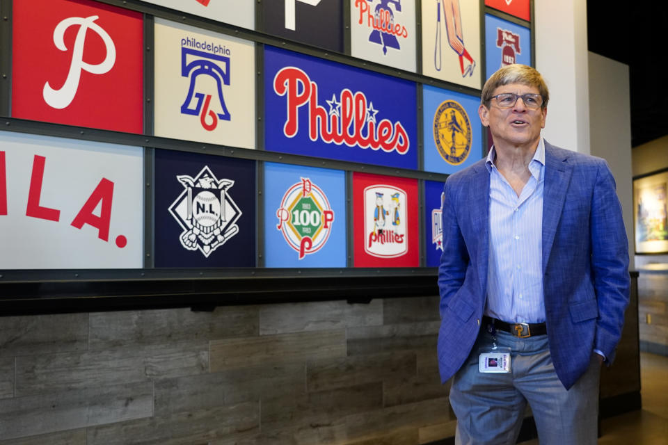 Philadelphia Phillies baseball team owner John Middletown looks on at the introductory press conference for pitcher Aaron Nola, Monday, Nov. 20, 2023, in Philadelphia. (AP Photo/Chris Szagola)