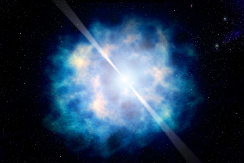 After giant stars have finished burning their nuclear fuel, they undergo a supernova explosion. This explosion blows off the outer layers of a star into a beautiful supernova remnant. The central region of the star collapses under gravity. It collapses so much that protons and electrons combine to form neutrons. Hence the name "neutron star".