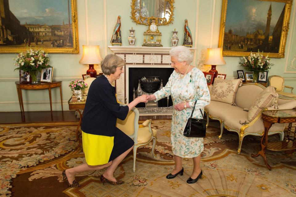 File photo dated 13/07/16 of Queen Elizabeth II welcoming Theresa May at an audience in Buckingham Palace, London, where she invited the former Home Secretary to become Prime Minister and form a new government. The Prime Minister is expected to announce details later today of her timetable for leaving Downing Street.