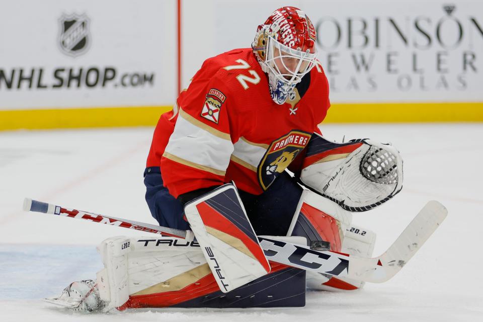 May 7, 2023; Sunrise, Florida, USA; Florida Panthers goaltender Sergei Bobrovsky (72) makes a save against the Toronto Maple Leafs during the third period in game three of the second round of the 2023 Stanley Cup Playoffs at FLA Live Arena. Mandatory Credit: Sam Navarro-USA TODAY Sports