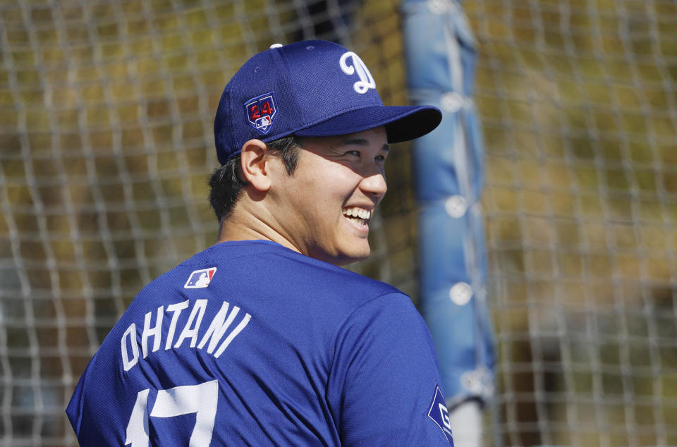 Shohei Ohtani with Los Angeles Dodgers during spring training. (Robert Gauthier / Los Angeles Times via Getty Imag)