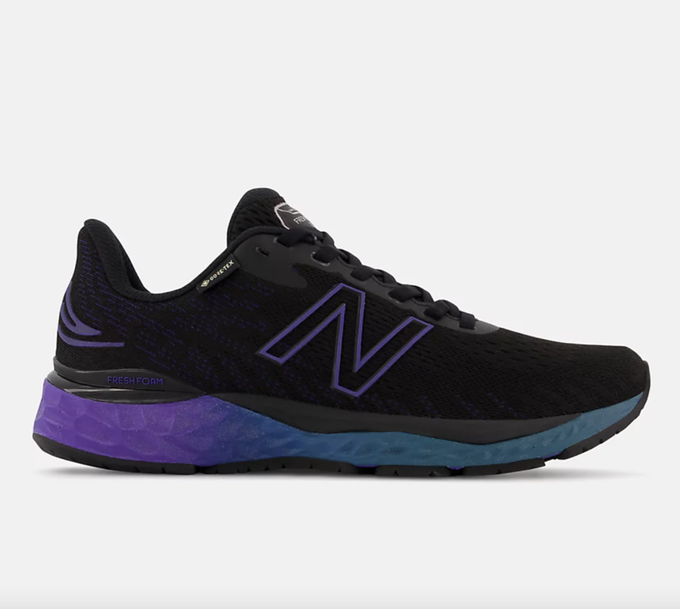 New Balance Fresh Foam 880v11 GTX Running Shoes in black with purple and green design (Photo via New Balance)