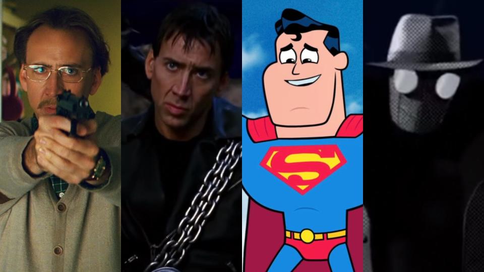 From left: Nicolas Cage as Damon Macready/Big Daddy in "Kick-Ass," Johnny Blaze/Ghost Rider in "Ghost Rider," Superman in "Teen Titans GO! To the Movies," and Spider-Man Noir in "Spider-Man: Into the Spider-Verse."