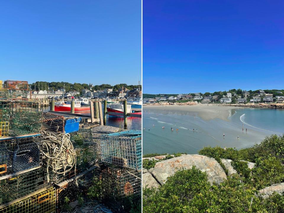 The harbor in Rockport (L) and a beach in Gloucester (L).