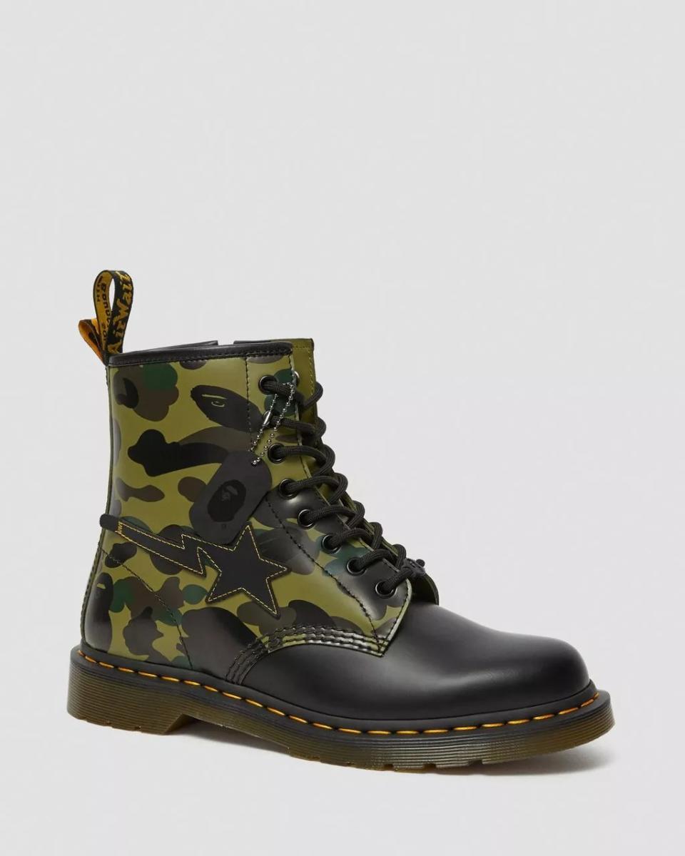 Dr. Martens, Dr. Martens collaborations, Dr. Martens collab, Docs, Bape, khaki, black, zip-up boots, lace-up boots, 1460 boots, A Bathing Ape, 