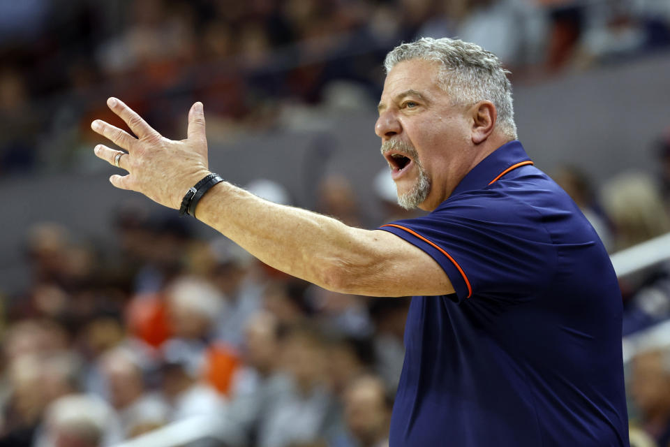 Auburn head coach Bruce Pearl reacts to a call during the first half of an NCAA college basketball game against Vanderbilt, Wednesday, Jan. 31, 2024, in Auburn, Ala. (AP Photo/ Butch Dill)