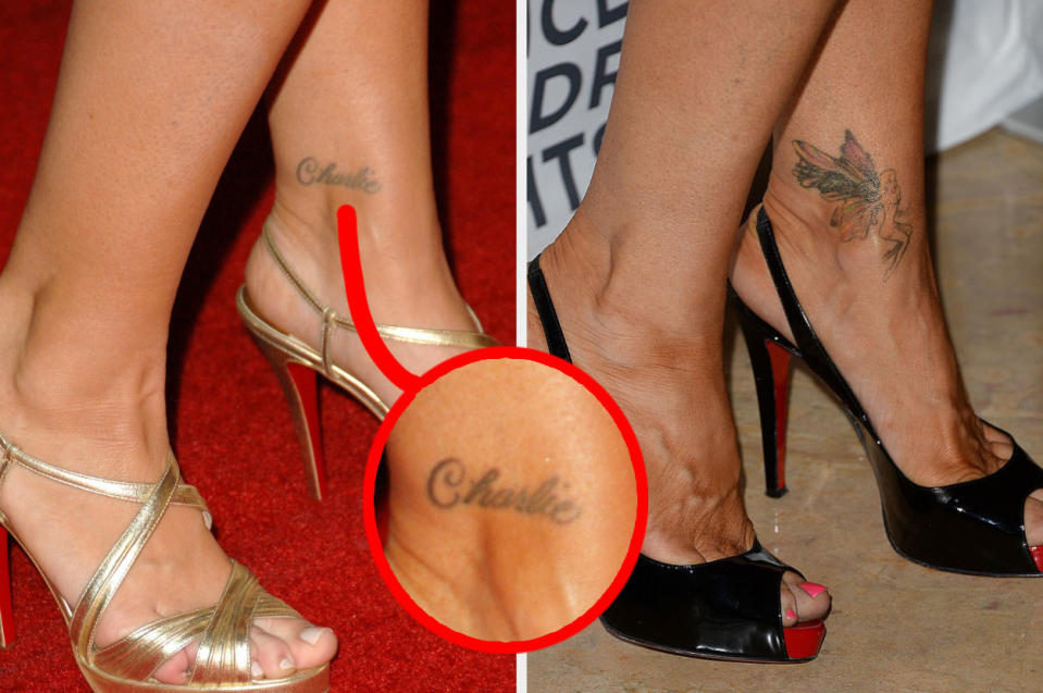 "Charlie" written in cursive on Denise's ankle side by side with the fairy tattoo cover-up