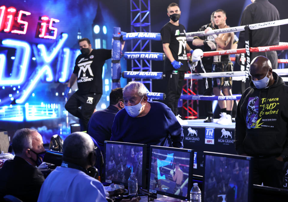 LAS VEGAS, NV - NOVEMBER 14: Bob Arum awaits replay results after Joshua Franco vs Andrew Moloney fight  for the WBA super flyweight title at the MGM Grand Conference Center on November 14, 2020 in Las Vegas, Nevada. (Photo by Mikey Williams/Top Rank Inc via Getty Images)