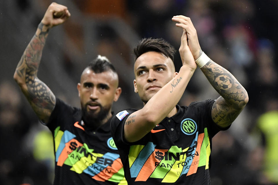 SAN SIRO STADIUM, MILANO, ITALY - 2022/05/06: Lautaro Martinez of FC Internazionale celebrates at the end of the Serie A football match between FC Internazionale and Empoli FC. FC Internazionale won 4-2 over Empoli FC. (Photo by Andrea Staccioli/Insidefoto/LightRocket via Getty Images)