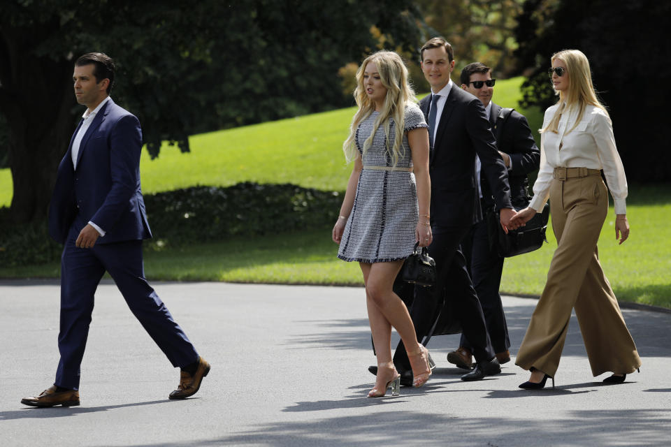 Donald Trump Jr., left, Tiffany Trump, Jared Kushner, and Ivanka Trump head to Camp David for the weekend. (Photo: Getty Images)