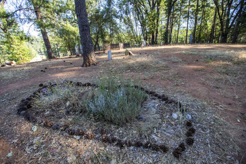 North San Juan, CA - July 20: A cemetery plot designated for green burial on Wednesday, July 20, 2022, in Cherokee Township Cemetery near Ananda, in North San Juan, CA. Akhila Murphy Co-founder of Doulas from Full Circle of Living and Dying has helped advocate for green burials here. (Francine Orr / Los Angeles Times)