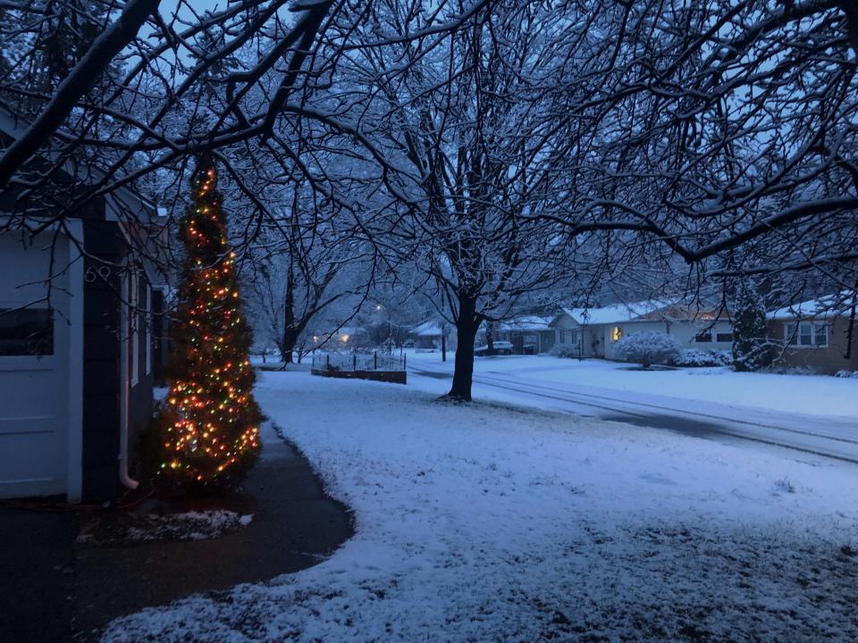 Holiday lights decorate a yard covered by early morning snow on Monday, Dec. 11, 2023, in South Burlington as a winter storm moves through the area.