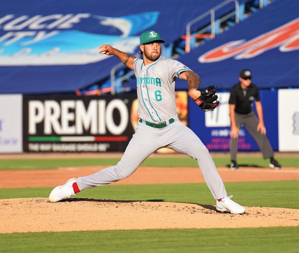 Jensen Beach graduate Lyon Richardson delivers a pitch in the first inning for the Daytona Tortugas against the St. Lucie Mets in a minor league baseball game on Friday, April 7, 2023 in Port St. Lucie.