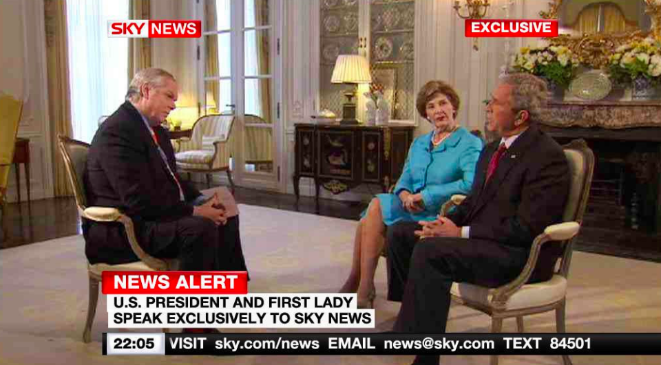 Adam Boulton became the first British television reporter to conduct a joint interview with US president George W Bush and his wife Laura in 2008. (PA)