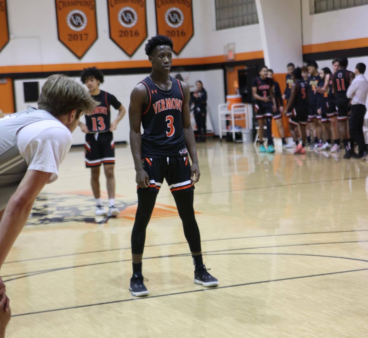 Joson Sanon, a Fall River resident and former B.M.C. Durfee High School student, stands at the foul line during a game at Vermont Academy.