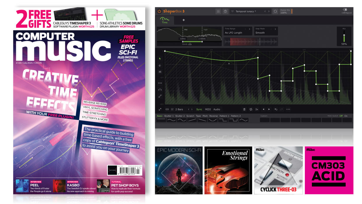  The cover of Computer Music magazine depicting timeshaping effects in a flash of blue and pink light. 