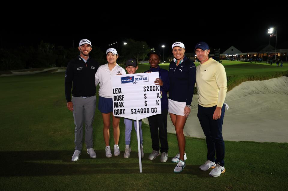 Max Homa, Rose Zhang, Lexi Thompson and Rory McIlroy pose with the standard bearers during Capital One's The Match IX at The Park West Palm in West Palm Beach, Florida. (Mike Ehrmann/Getty Images for The Match)