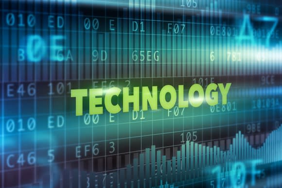 The word "technology" on top of computing codes