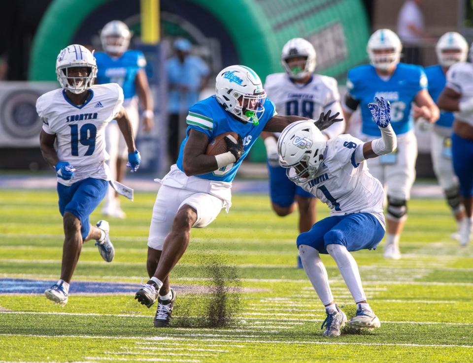 West Florida Argo Jamontez Woods runs down field during UWF's homecoming game against Shorter Saturday, October 7, 2023.