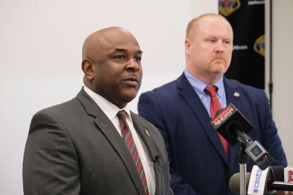 Mar 6, 2024; Tuscaloosa, Alabama, USA; Tuscaloosa Police in conjunction with the U.S. Attorney’s Office and the Bureau of Alcohol, Tobacco and Firearms announced a number of arrests of people who possessed an item known as a Glock Switch that converts a semi-automatic handgun into a fully automatic handgun. Marcus Watson, special agent in charge of the ATF Nashville Field Division, speaks during the press conference. Behind him is TPD Chief Brent Blankley.