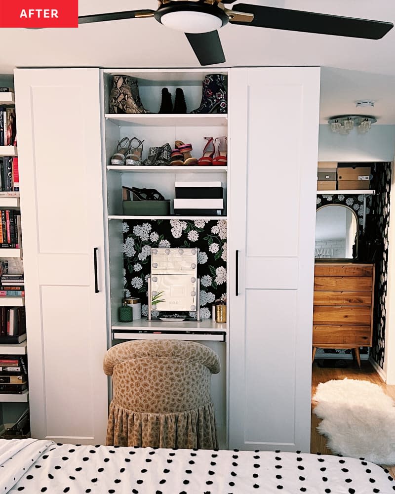 Ikea Pax vanity with storage doors closed and animal print chair at mirror after renovation.