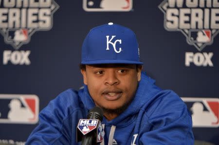 FILE PHOTO: Kansas City Royals starting pitcher Yordano Ventura (30) answers questions from media during workouts the day before game one of the 2015 World Series against the New York Mets at Kauffman Stadium in Kansas City, Missouri, U.S. October 26, 2015. Mandatory Credit: Denny Medley-USA TODAY Sports/File Photo