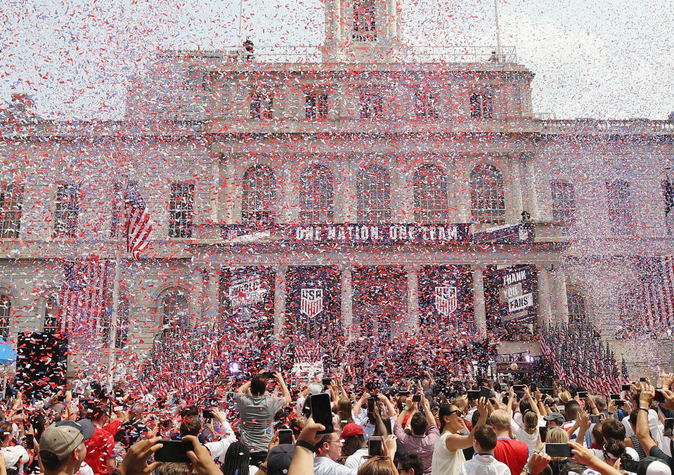 Members of the United States Women's National Soccer Team are honored at a ceremony at City Hall on July 10, 2019 in New York City. The honor followed a ticker tape parade up lower Manhattan's "Canyon of Heroes" to celebrate their gold medal victory in the 2019 Women's World Cup in France. (Photo by Bruce Bennett/Getty Images)