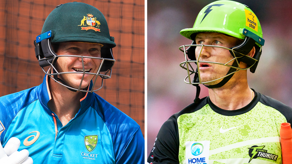 Steve Smith in training and Cameron Bancroft walks off the field.