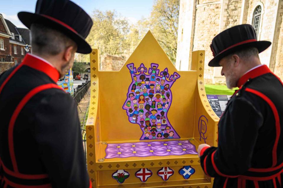 Leon Neal/Getty  Coronation benches decorated by schoolchildren debut at Tower of London