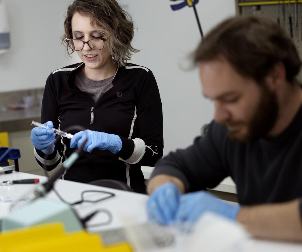 Research assistants Alyssa Sam, left, and Kyle Spivack build SeekIt DNA extraction devices at Seek Labs in Salt Lake City on Thursday, Nov. 9, 2023. | Laura Seitz, Deseret News