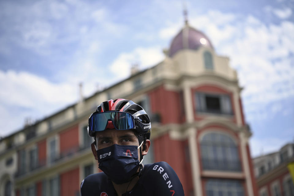 Colombia's Egan Bernal waits prior to the start of the first stage of the Tour de France cycling race over 156 kilometers (97 miles) with start and finish in Nice, southern France, Saturday, Aug. 29, 2020. (Anne-Christine Poujoulat, Pool via AP)