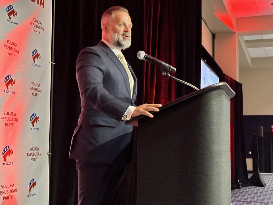 Congressman Cory Mills speaks at the Ocean Center in Daytona Beach on Sunday, July 21, 2024. Mills represents Florida's 7th District in Seminole and southern Volusia counties.