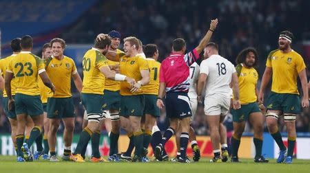 Rugby Union - England v Australia - IRB Rugby World Cup 2015 Pool A - Twickenham Stadium, London, England - 3/10/15 Australia players celebrate getting a penalty Reuters / Andrew Winning