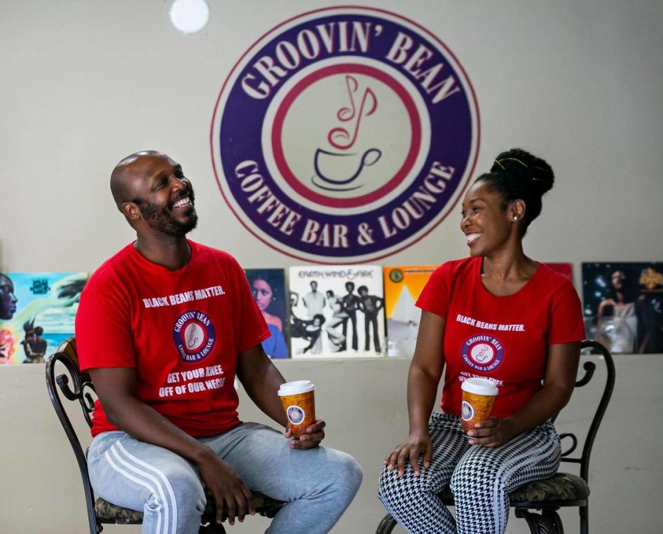 Keon Lewis, 36, and Monique Messer, 36, owners of Groovin’ Bean Coffee Bar & Lounge, at their restaurant in Miami’s Overtown neighborhood in 2020.