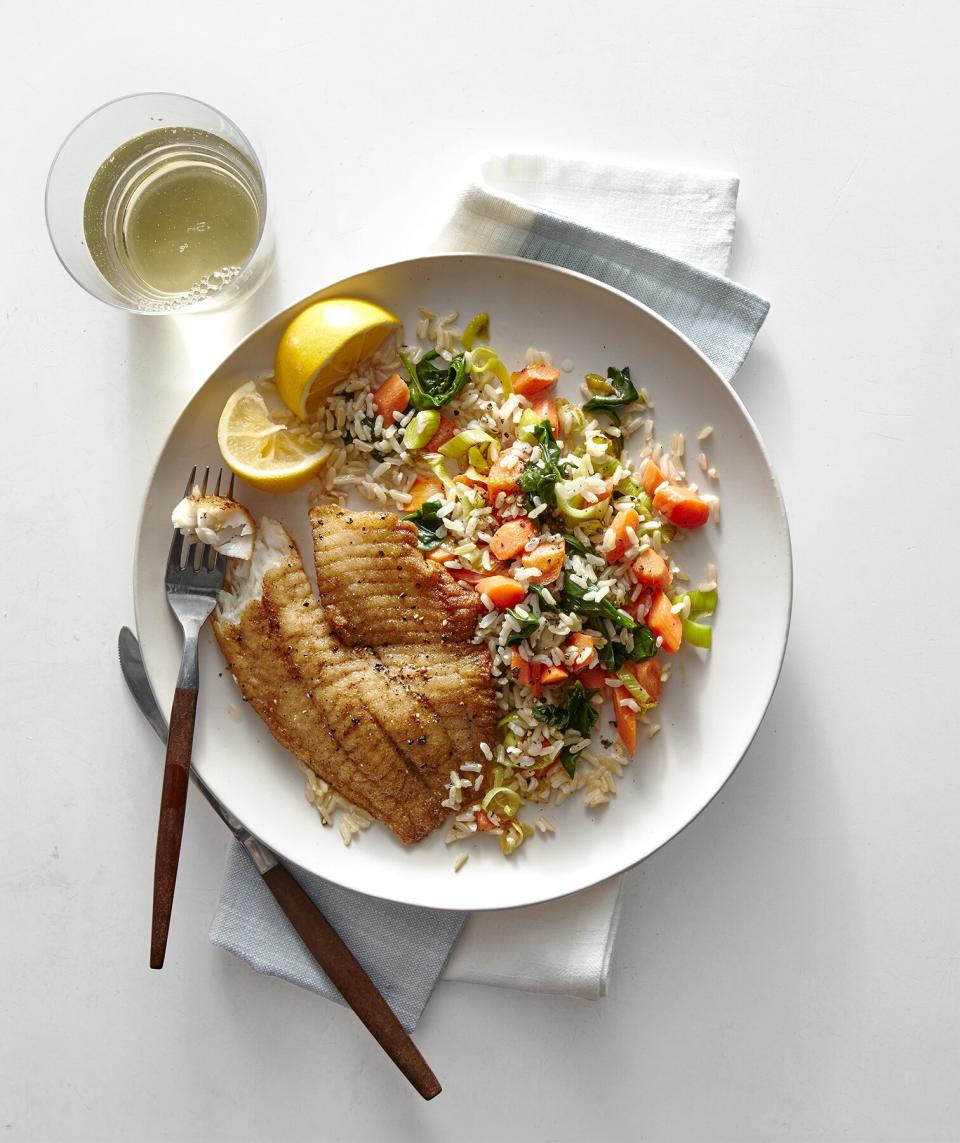 Coriander-Crusted Tilapia With Brown Rice and Vegetables