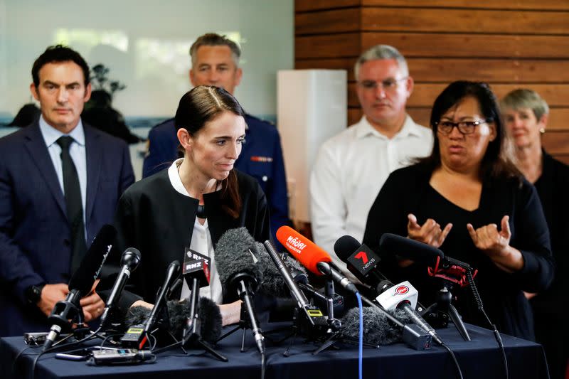 New Zealand's Prime Minister Jacinda Ardern reacts while addressing the media in the aftermath of the eruption of White Island volcano, at Whakatane