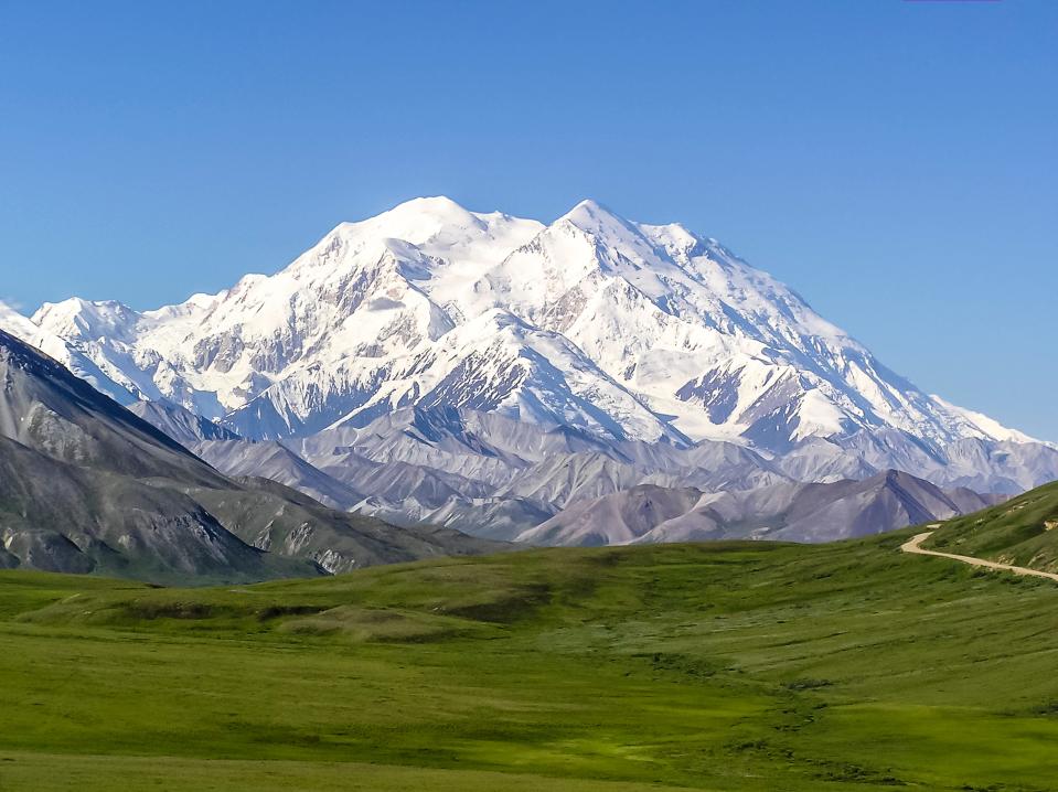 A clear morning view of Denali from inside the national park.