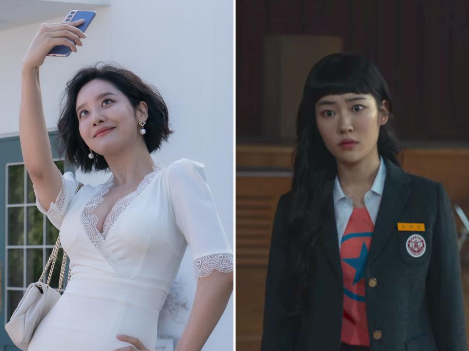 left: older choi hye-jeong, wearing a low-cut white dress that shows her cleavage. she's taking a selfie, holding her phone above her head and smiling up towards it while she poses; right: younger choi hye-jeong, her hair worn long and with straight-across bangs, looking concerned and wearing a school uniform