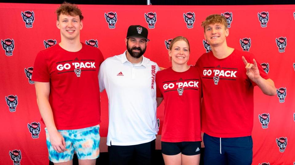 Bartosz Piszczorowicz, Braden Holloway, Katharine Berkoff and Kacper Stokowski pose for a portrait after a press conference on Thursday, June 27, 2024.