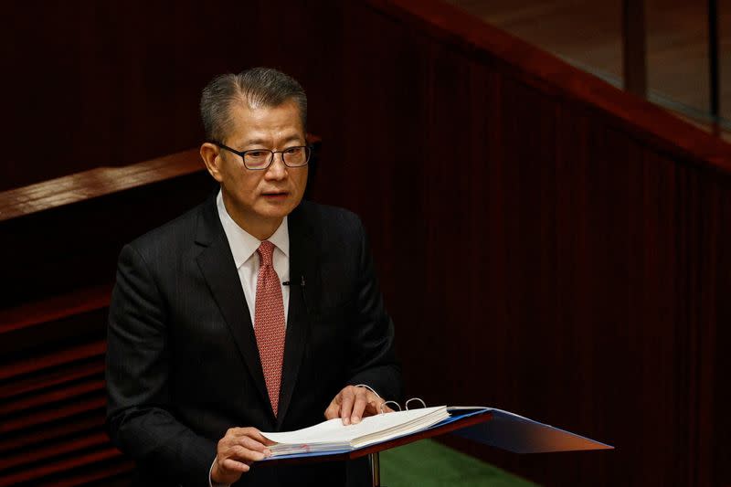 Hong Kong's Finance Secretary Paul Chan delivers the annual budget address at the Legislative Council in Hong Kong