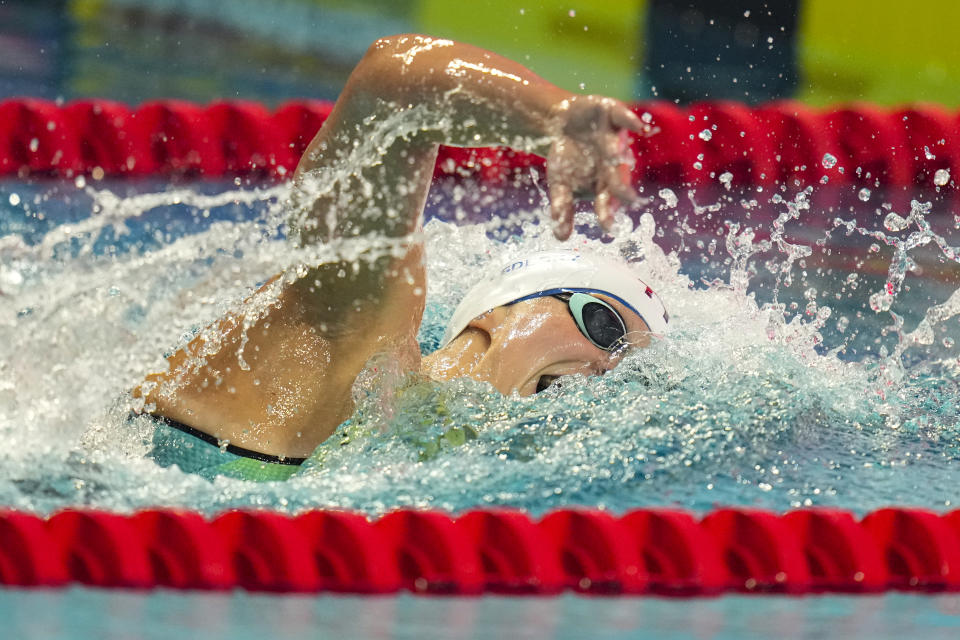 Katie Ledecky swims her way to winning the women's 800-meter freestyle at the U.S. national championships swimming meet in Indianapolis, Tuesday, June 27, 2023. (AP Photo/Michael Conroy)