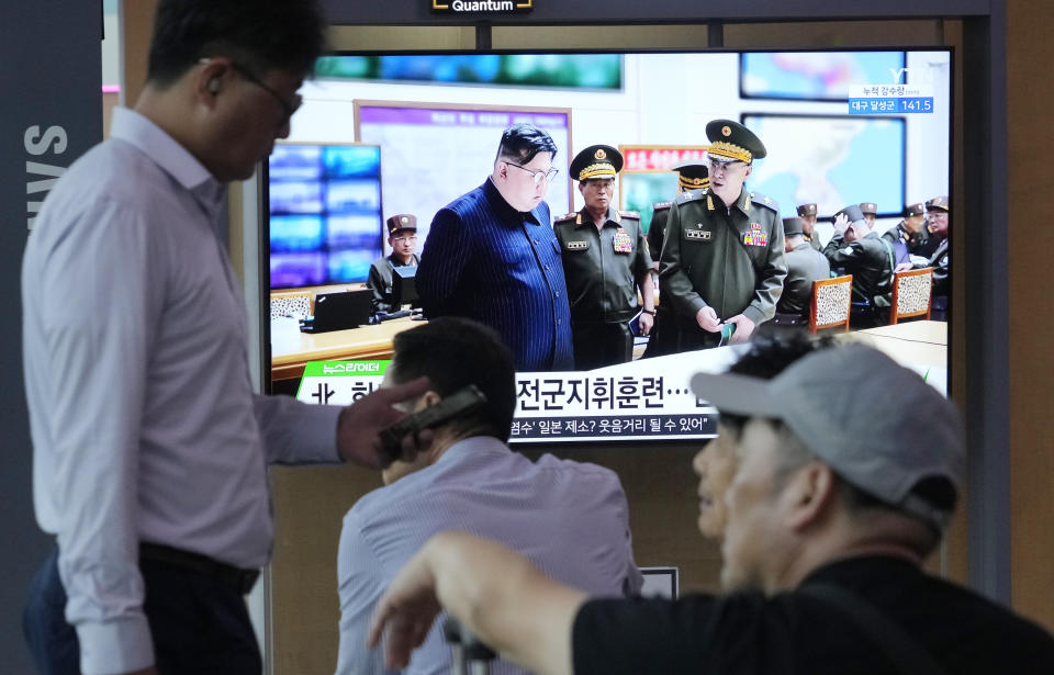 A TV screen shows an image of North Korean leader Kim Jong Un during a news program at the Seoul Railway Station in Seoul, South Korea, Thursday, Aug. 31, 2023. North Korea launched two short-range ballistic missiles toward the sea on Wednesday night, its neighbors said, hours after the U.S. flew long-range bombers for drills with its allies in a show of force against the North. (AP Photo/Ahn Young-joon)