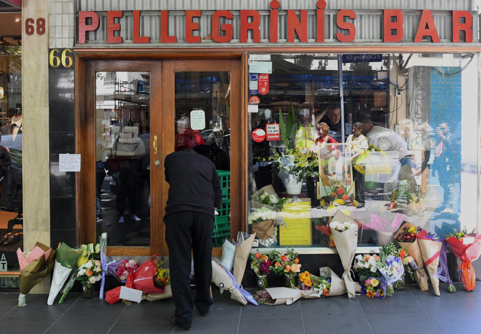 <em>Floral tributes have been left at the scene where Sisto Malaspina was stabbed to death (Picture: AAP/James Ross/via REUTERS)</em>